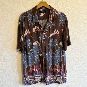 All Saints Nalu Hawaiian Palm Tree Print Button Down Shirt Brown Blue Men’s L